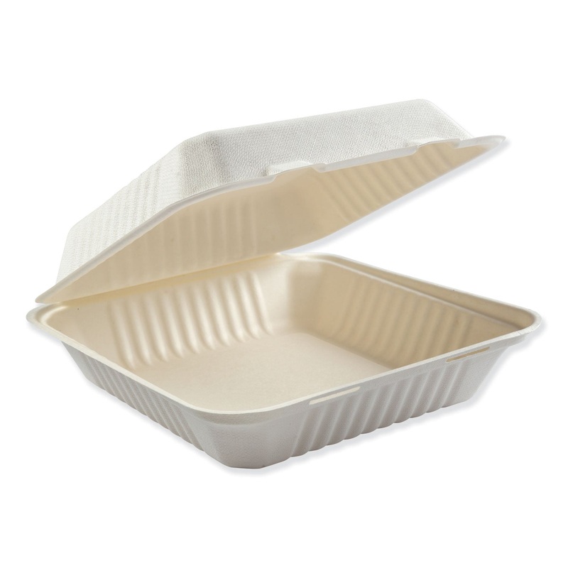 BAGASSE MOLDED FIBER FOOD CONTAINERS, HINGED-LID, 1-COMPARTMENT 9 X 9, WHITE, 100/SLEEVE, 2 SLEEVES/CARTON