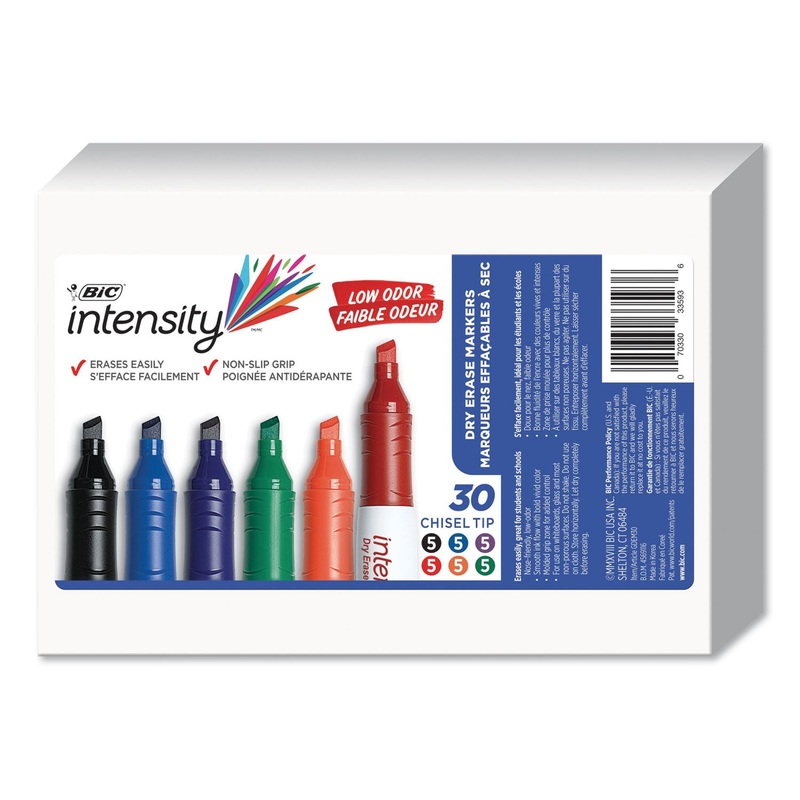 INTENSITY LOW ODOR DRY ERASE MARKER, BROAD CHISEL TIP, ASSORTED COLORS, 30/PACK