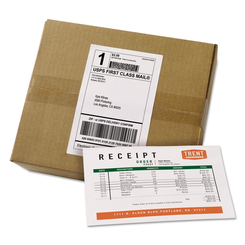 SHIPPING LABELS WITH PAPER RECEIPT BULK PACK, INKJET/LASER PRINTERS, 5.06 X 7.63, WHITE, 100/BOX