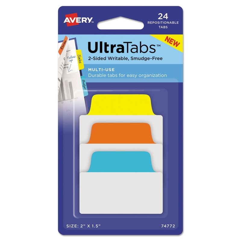 ULTRA TABS REPOSITIONABLE STANDARD TABS, 1/5-CUT TABS, ASSORTED PRIMARY COLORS, 2″ WIDE, 24/PACK