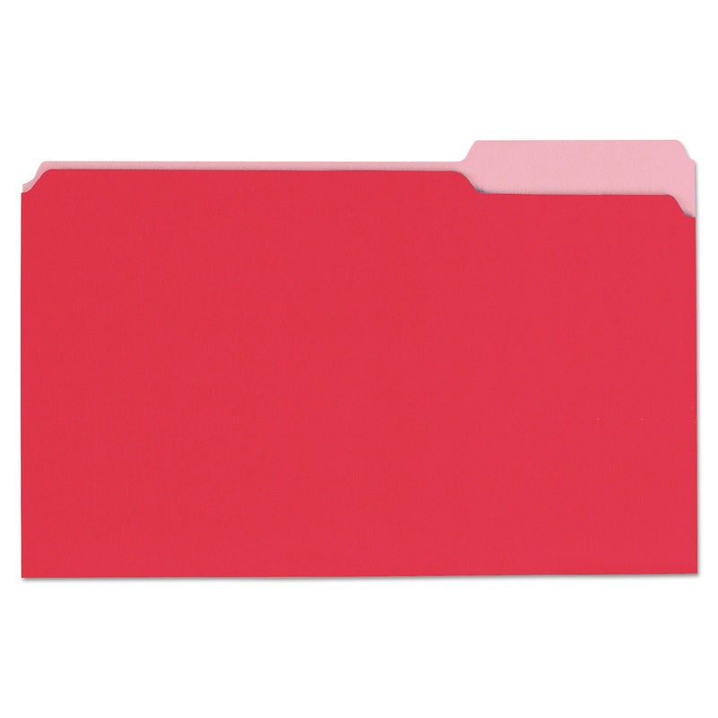 DELUXE COLORED TOP TAB FILE FOLDERS, 1/3-CUT TABS, LEGAL SIZE, RED/LIGHT RED, 100/BOX