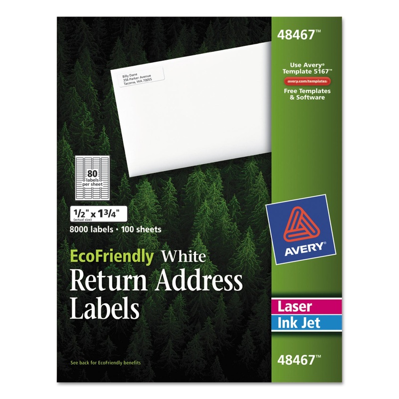 ECOFRIENDLY MAILING LABELS, INKJET/LASER PRINTERS, 0.5 X 1.75, WHITE, 80/SHEET, 100 SHEETS/PACK