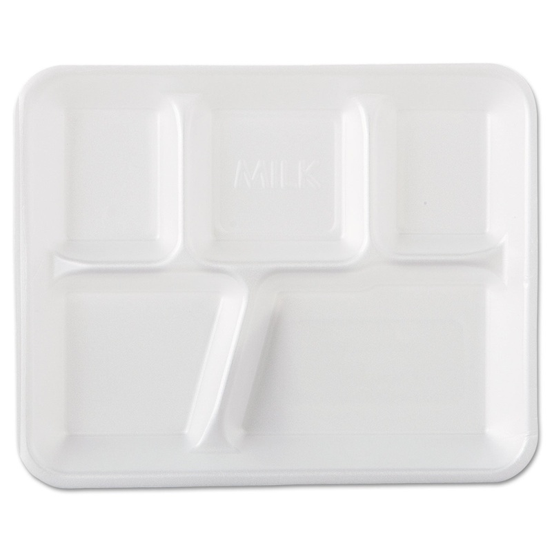 Foam School Trays, 5-Comp, 10 2/5 X 8 2/5 X 1 1/4, White, 500/carton