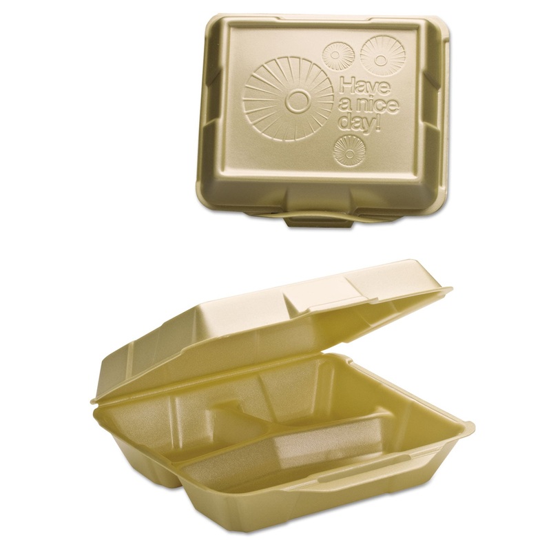 Foam Hinged Carryout Container, 3-Comp, 9-1/4×9-1/4×3, Sesame, 100/bg, 2 Bg/ct