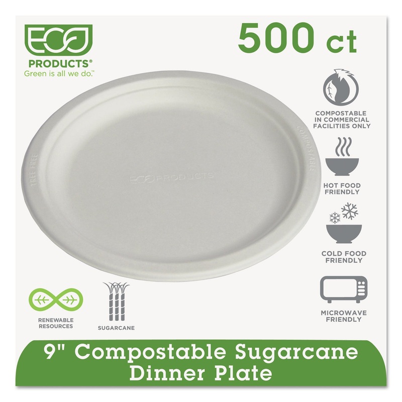 Renewable & Compostable Sugarcane Plates, 9″, 500/carton
