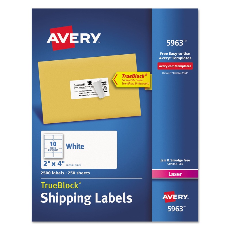 SHIPPING LABELS W/ TRUEBLOCK TECHNOLOGY, LASER PRINTERS, 2 X 4, WHITE, 10/SHEET, 250 SHEETS/BOX