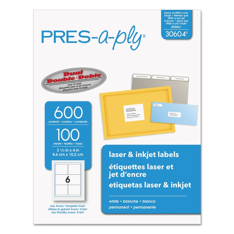 LABELS, LASER PRINTERS, 3.33 X 4, WHITE, 6/SHEET, 100 SHEETS/BOX