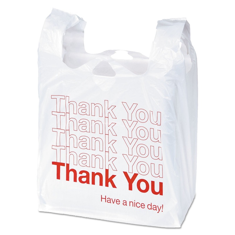 PLASTIC “THANK YOU” BAGS, 0.55 MIL, 11.5″ X 22″, WHITE/RED, 250/BOX