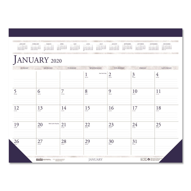 RECYCLED TWO-COLOR MONTHLY DESK PAD CALENDAR, 18 1/2 X 13, 2020