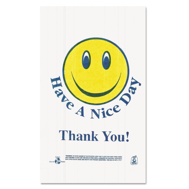 SMILEY FACE SHOPPING BAGS, 12.5 MICRONS, 11.5″ X 21″, WHITE, 900/CARTON
