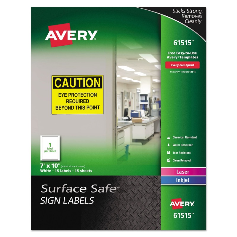 SURFACE SAFE SIGN LABELS, INKJET/LASER PRINTERS, 7 X 10, WHITE, 15/PACK