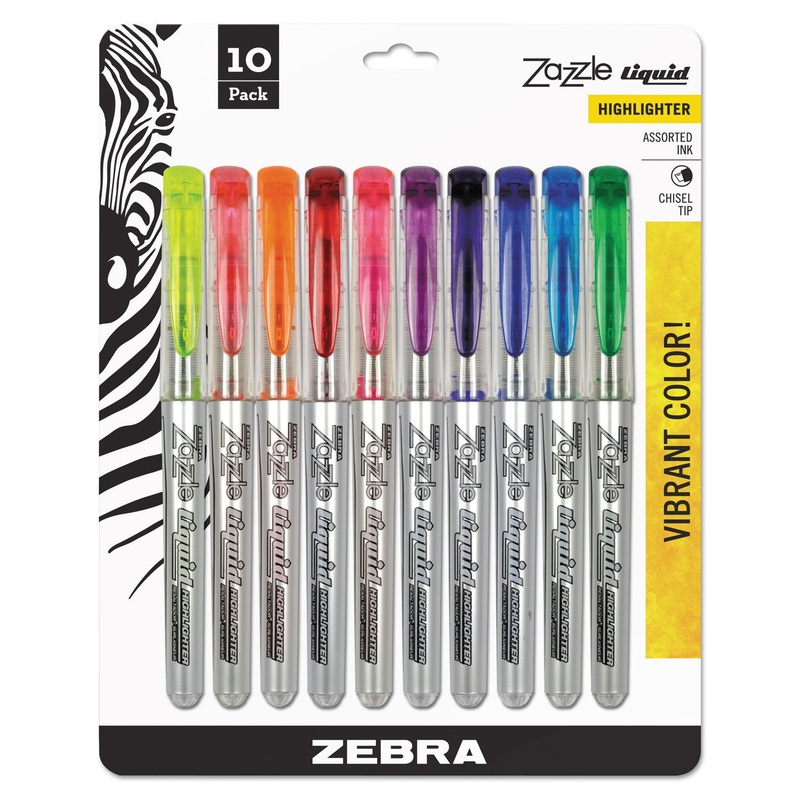 ZAZZLE LIQUID INK HIGHLIGHTER, CHISEL TIP, ASSORTED COLORS, 10/SET