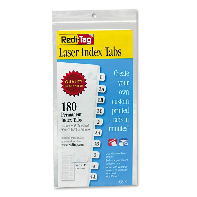 LASER PRINTABLE INDEX TABS, 1/12-CUT TABS, WHITE, 0.44″ WIDE, 180/PACK