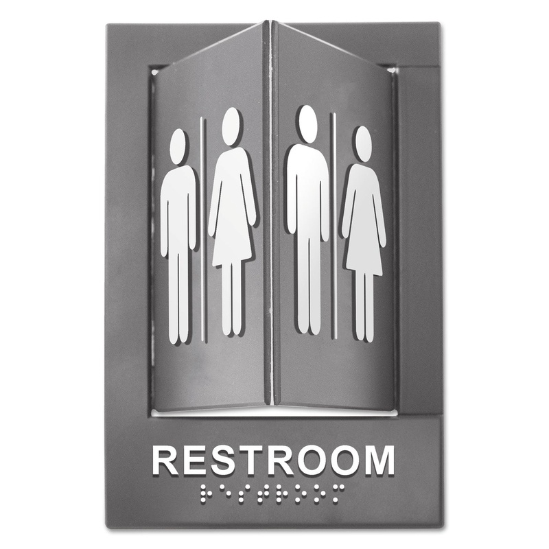 Pop-Out Ada Sign, Restroom, Tactile Symbol/braille, Plastic, 6 X 9, Gray/white