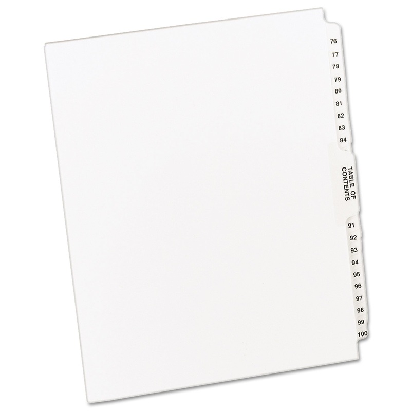 PREPRINTED LEGAL EXHIBIT SIDE TAB INDEX DIVIDERS, AVERY STYLE, 26-TAB, 76 TO 100, 11 X 8.5, WHITE, 1 SET