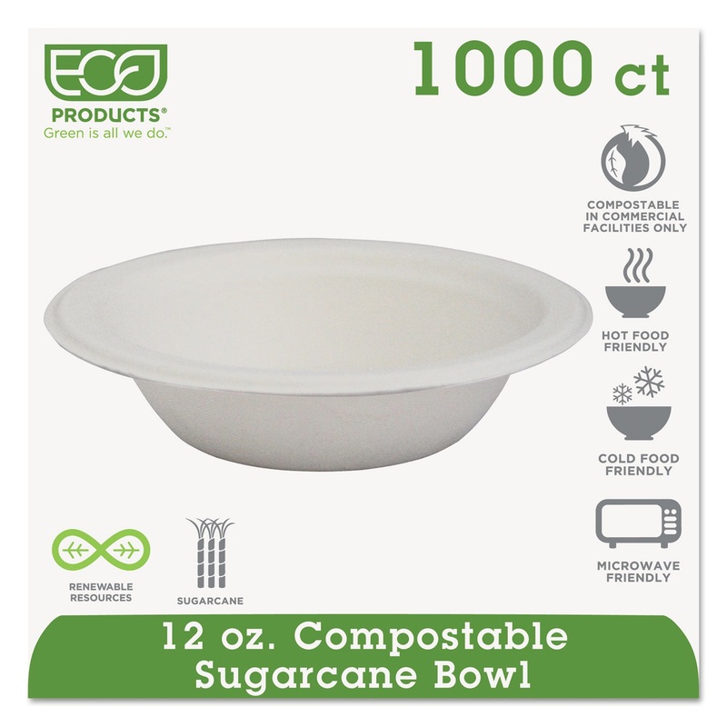Renewable & Compostable Sugarcane Bowls – 12oz., 50/pk, 20 Pk/ct