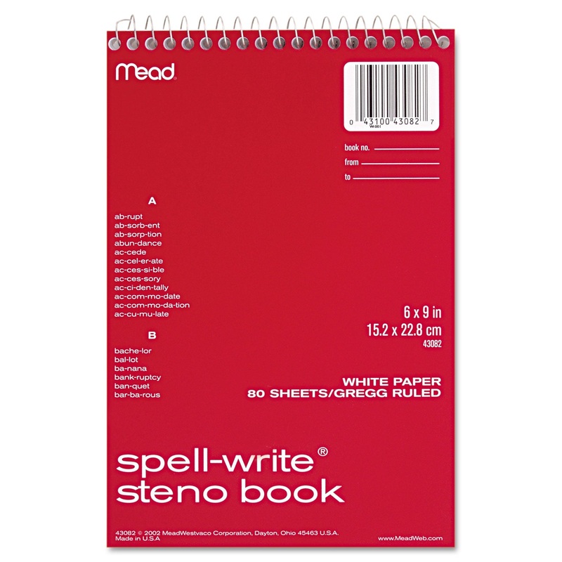 SPELL-WRITE WIREBOUND STENO BOOK, GREGG RULE, 6 X 9, WHITE, 80 SHEETS