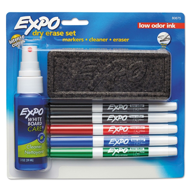 DRY ERASE MARKER, ERASER & CLEANER KIT, FINE BULLET TIP, ASSORTED COLORS, 5/SET