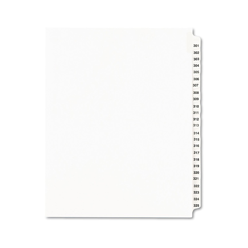 PREPRINTED LEGAL EXHIBIT SIDE TAB INDEX DIVIDERS, AVERY STYLE, 25-TAB, 301 TO 325, 11 X 8.5, WHITE, 1 SET