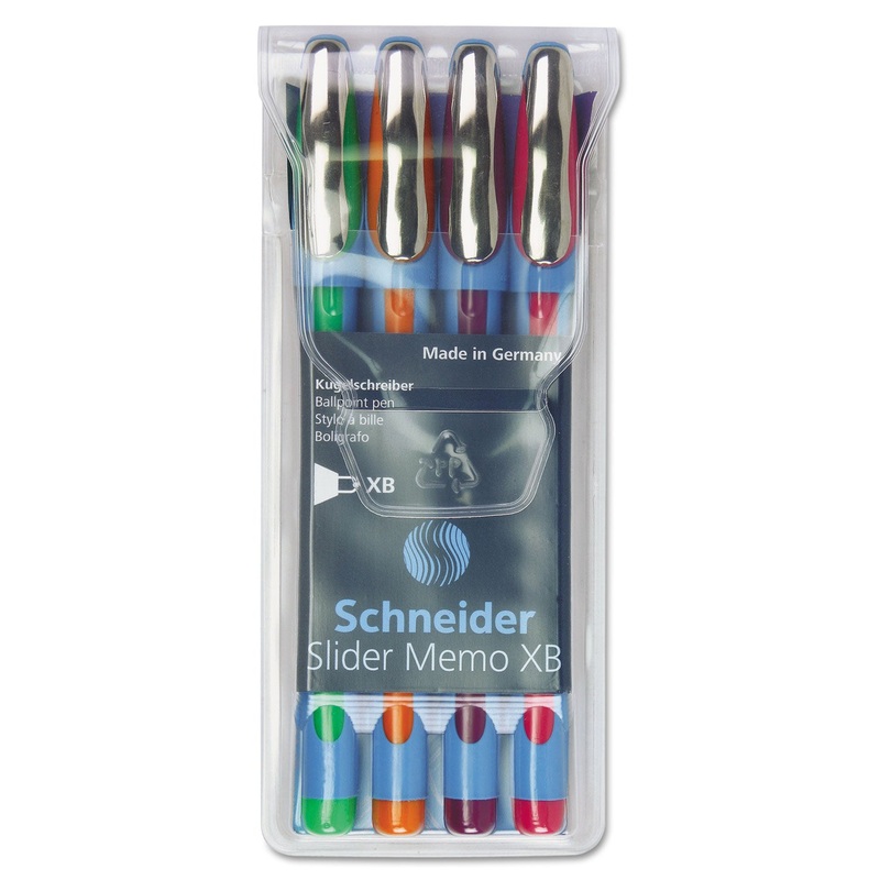 SCHNEIDER MEMO XB STICK BALLPOINT PEN, 1.4MM, ASSORTED INK/BARREL, 4/PACK