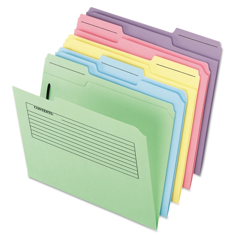 PRINTED NOTES FOLDER WITH ONE FASTENER, 1/3-CUT TABS, LETTER SIZE, ASSORTED, 30/PACK