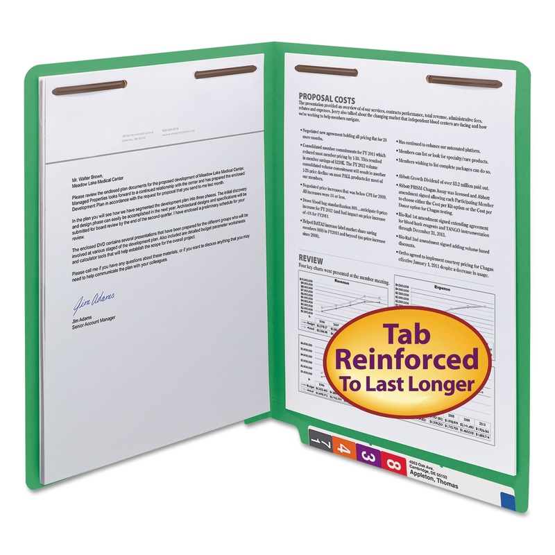 WATERSHED/CUTLESS END TAB 2-FASTENER FOLDERS, STRAIGHT TAB, LETTER SIZE, GREEN, 50/BOX