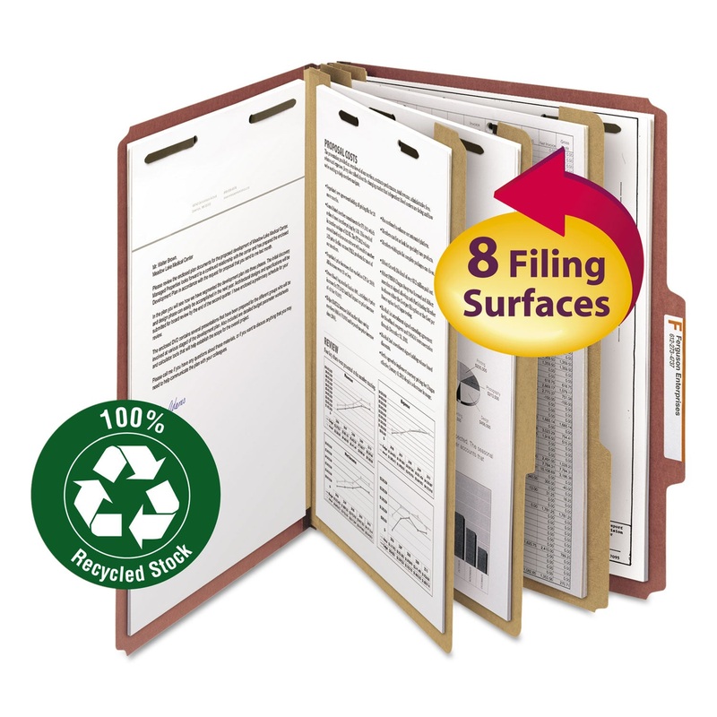 100% RECYCLED PRESSBOARD CLASSIFICATION FOLDERS, 3 DIVIDERS, LETTER SIZE, RED, 10/BOX