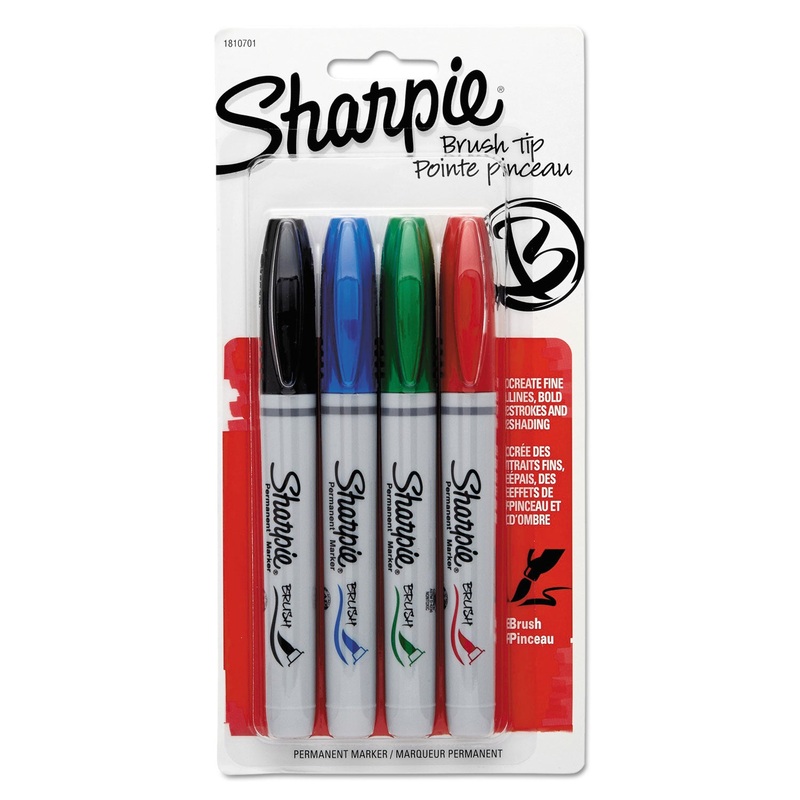BRUSH TIP PERMANENT MARKER, MEDIUM, ASSORTED COLORS, 4/SET