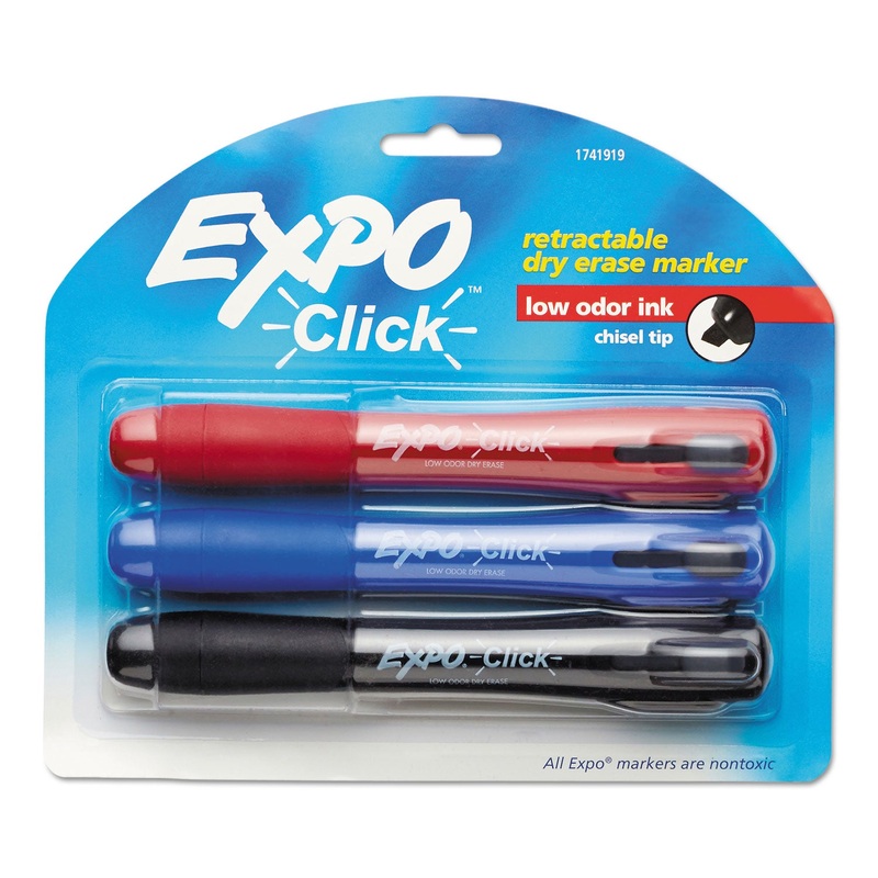 CLICK DRY ERASE MARKER, BROAD CHISEL TIP, ASSORTED COLORS, 3/SET