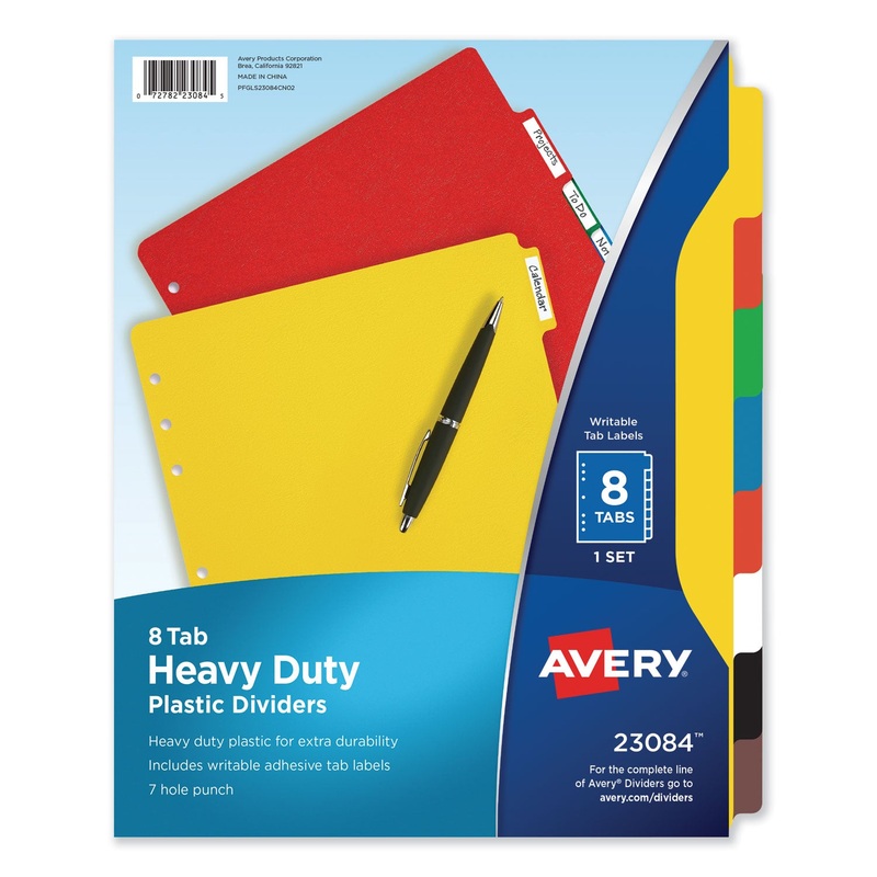 HEAVY-DUTY PLASTIC DIVIDERS WITH MULTICOLOR TABS AND WHITE LABELS , 8-TAB, 11 X 8.5, ASSORTED, 1 SET
