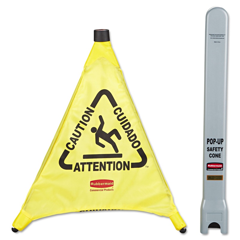 Multilingual “caution” Pop-Up Safety Cone, 3-Sided, Fabric, 21 X 21 X 20, Yellow