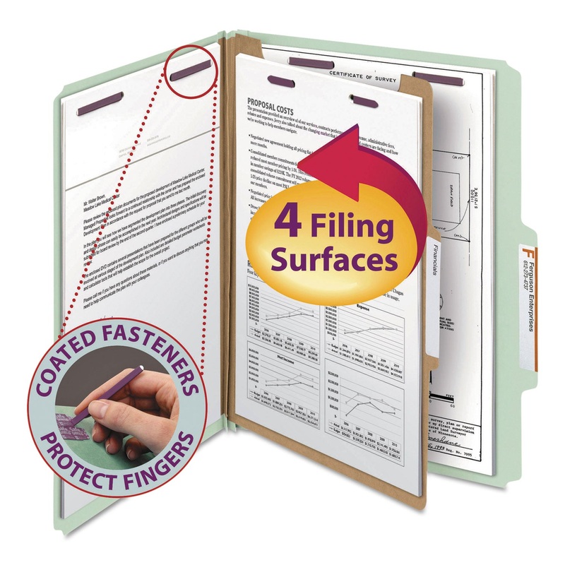 PRESSBOARD CLASSIFICATION FOLDERS WITH SAFESHIELD COATED FASTENERS, 2/5 CUT, 1 DIVIDER, LETTER SIZE, GRAY-GREEN, 10/BOX