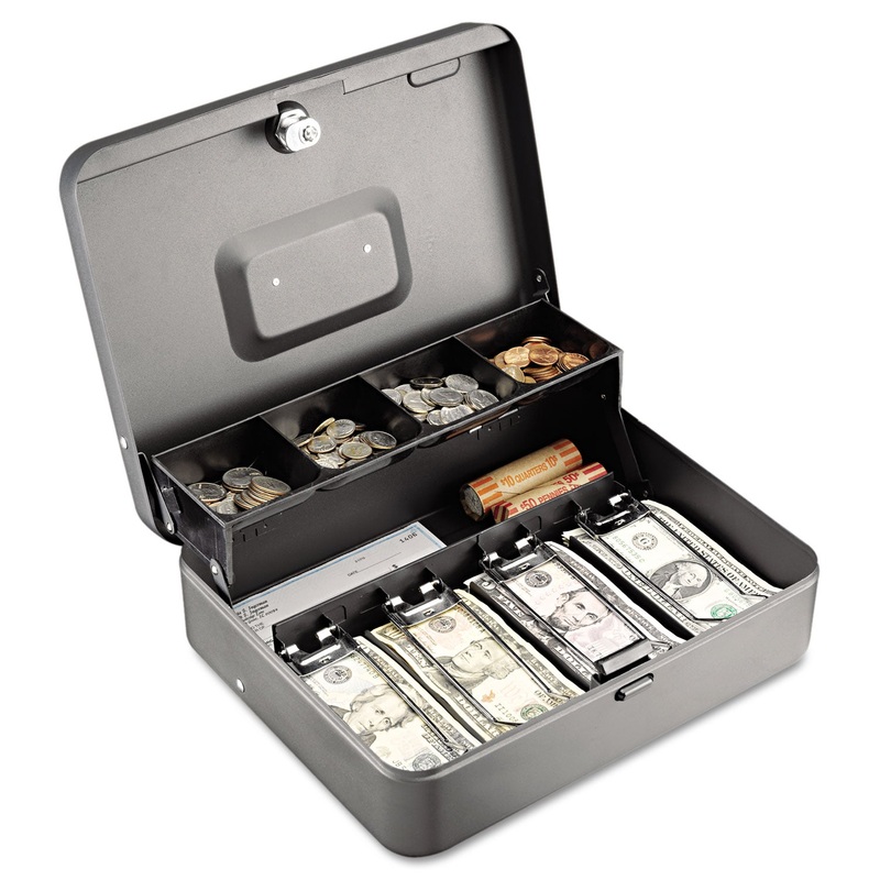 Tiered Cash Box W/bill Weights, Cam Key Lock, Charcoal