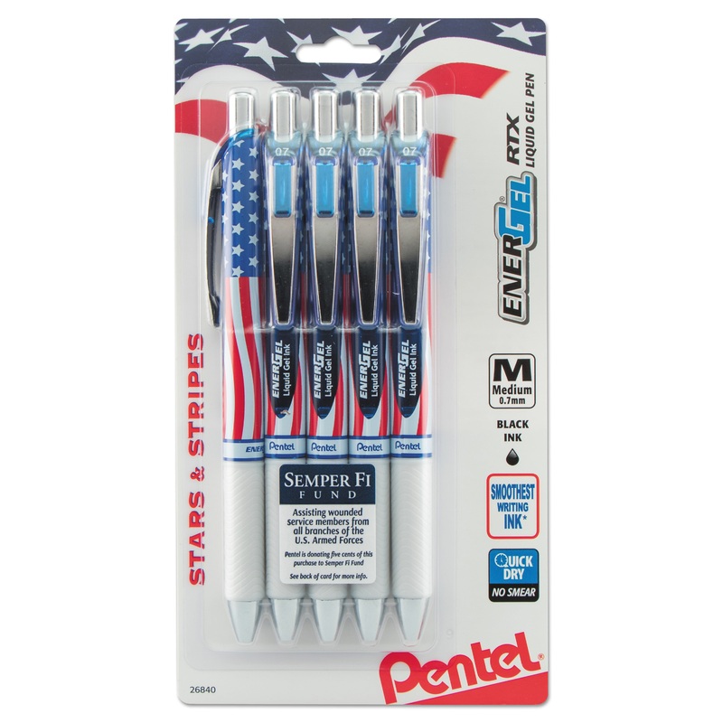 ENERGEL RTX RETRACTABLE GEL PEN, 0.7MM, BLACK INK, RED/WHITE/BLUE BARREL, 5/PACK