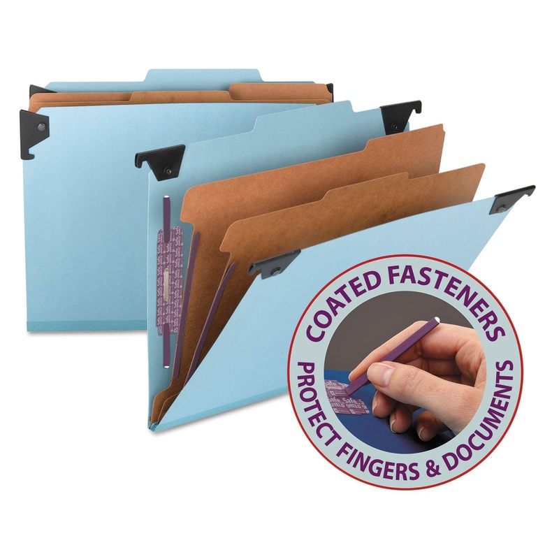 HANGING PRESSBOARD CLASSIFICATION FOLDERS WITH SAFESHIELDCOATED FASTENERS, LETTER SIZE, 2 DIVIDERS, BLUE
