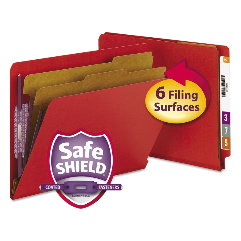 END TAB PRESSBOARD CLASSIFICATION FOLDERS WITH SAFESHIELD FASTENERS, 2 DIVIDERS, LETTER SIZE, BRIGHT RED, 10/BOX