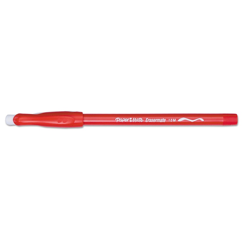 ERASER MATE STICK BALLPOINT PEN, MEDIUM 1MM, RED INK/BARREL, DOZEN