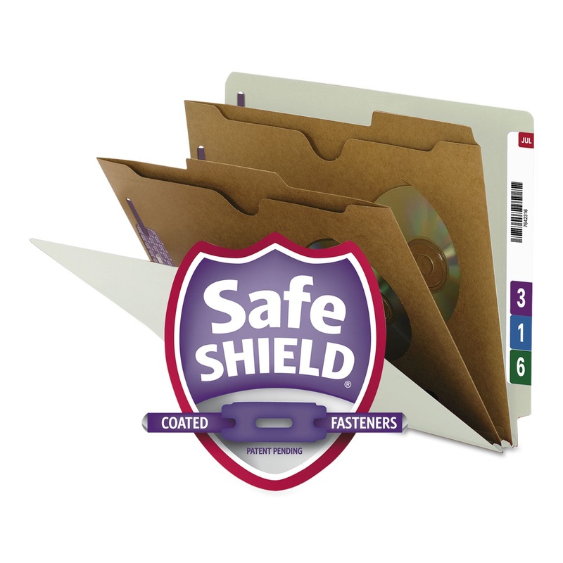 X-HEAVY END TAB PRESSBOARD CLASSIFICATION FOLDERS W/SAFESHIELD FASTENERS, 2-POCKET DIVIDERS, LETTER SIZE, GRAY-GREEN, 10/BOX