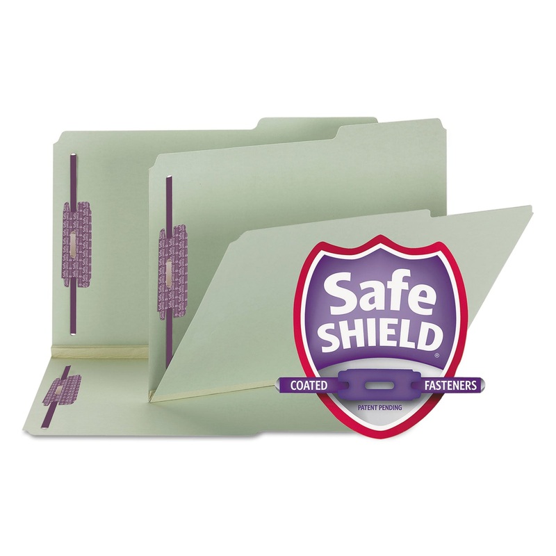 RECYCLED PRESSBOARD FOLDERS W/TWO SAFESHIELD FASTENERS, 2/5-CUT TABS, RIGHT OF CENTER, 2″ EXP, LEGAL SIZE, GRAY-GREEN, 25/BOX