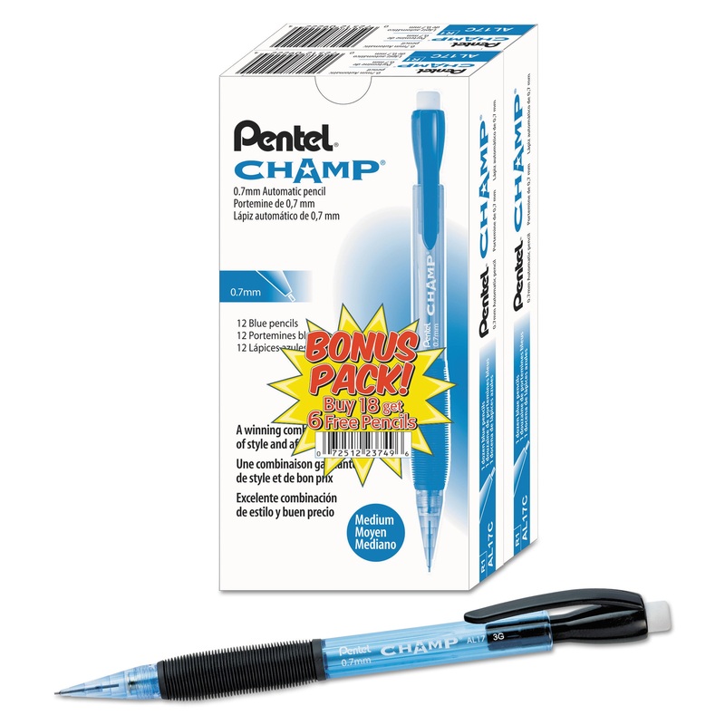 CHAMP MECHANICAL PENCIL, 0.7 MM, HB (#2.5), BLACK LEAD, BLUE BARREL, 24/PACK