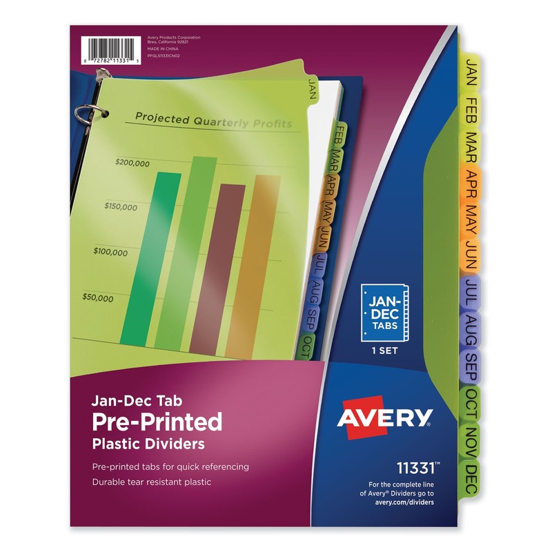 DURABLE PREPRINTED PLASTIC TAB DIVIDERS, 12-TAB, JAN. TO DEC., 11 X 8.5, ASSORTED, 1 SET
