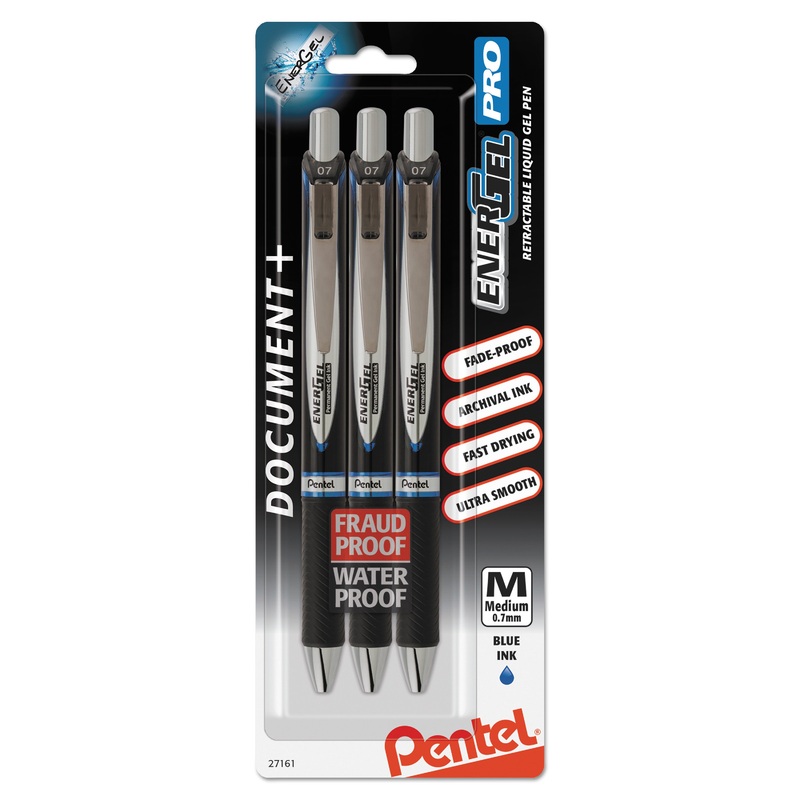 ENERGEL PRO RETRACTABLE GEL PEN, MEDIUM 0.7MM, BLUE INK, BLACK BARREL, 3/PACK