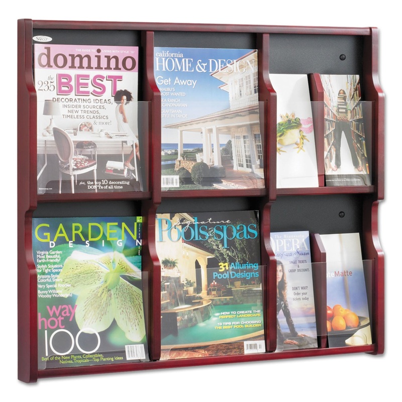 EXPOSE ADJUSTABLE MAGAZINE/PAMPHLET 6 POCKET DISPLAY, 29.75W X 2.5D X 26.25H, MAHOGANY