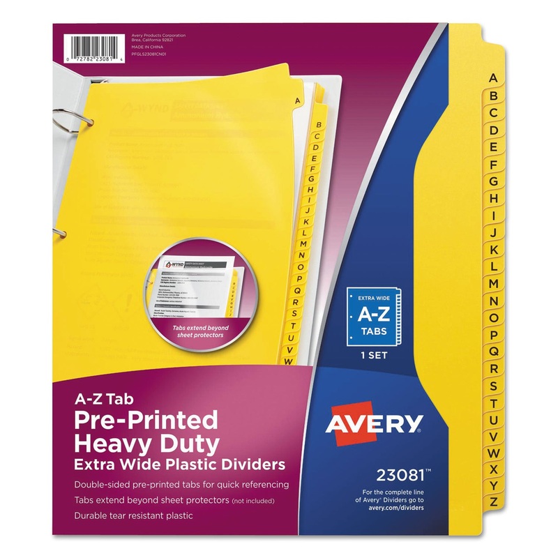HEAVY-DUTY PREPRINTED PLASTIC TAB DIVIDERS, 26-TAB, A TO Z, 11 X 9, YELLOW, 1 SET