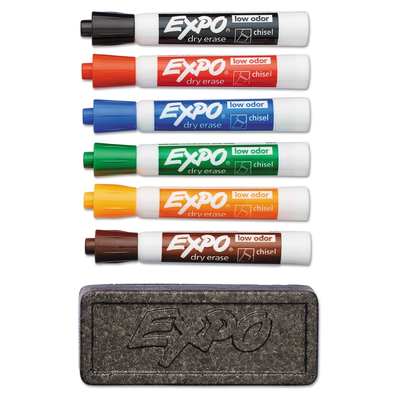 LOW-ODOR DRY ERASE MARKER & ORGANIZER KIT, BROAD CHISEL TIP, ASSORTED COLORS, 6/SET