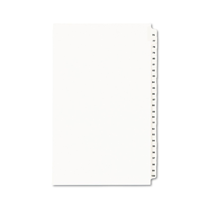 PREPRINTED LEGAL EXHIBIT SIDE TAB INDEX DIVIDERS, AVERY STYLE, 25-TAB, 76 TO 100, 14 X 8.5, WHITE, 1 SET