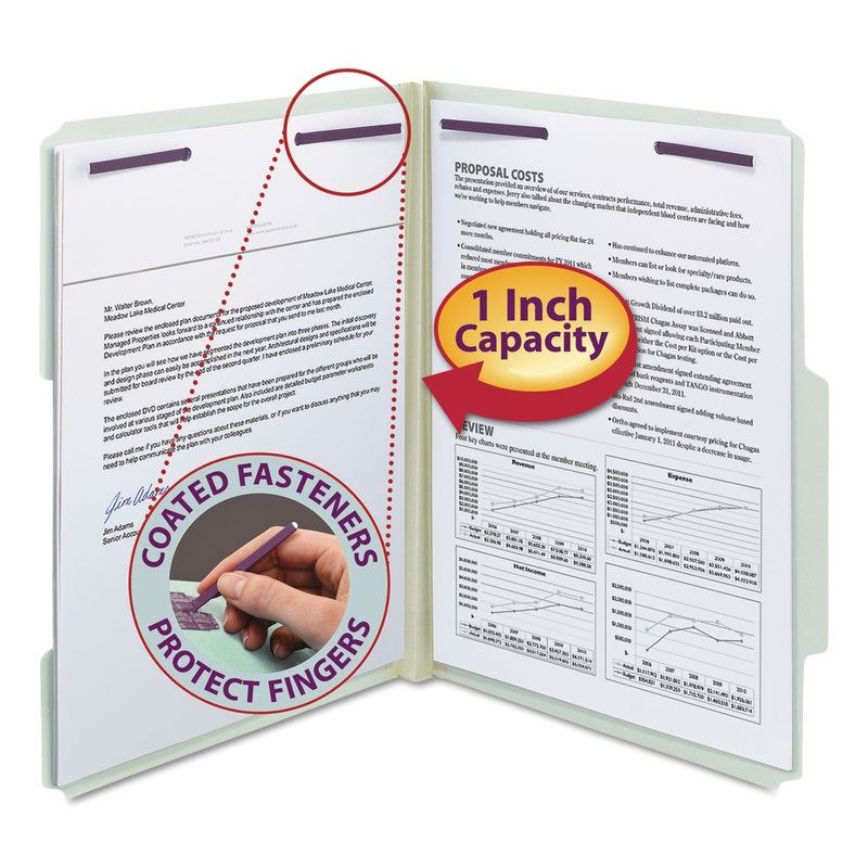 RECYCLED PRESSBOARD FOLDERS W/TWO SAFESHIELD FASTENERS, 2/5-CUT TAB, RIGHT OF CENTER, 2″ EXP, LETTER SIZE, GRAY-GREEN, 25/BOX