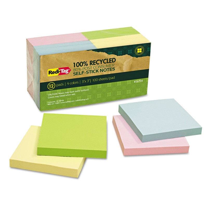 100% Recycled Notes, 3 X 3, Four Colors, 12 100-Sheet Pads/pack