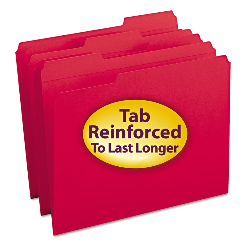 REINFORCED TOP TAB COLORED FILE FOLDERS, 1/3-CUT TABS, LETTER SIZE, RED, 100/BOX