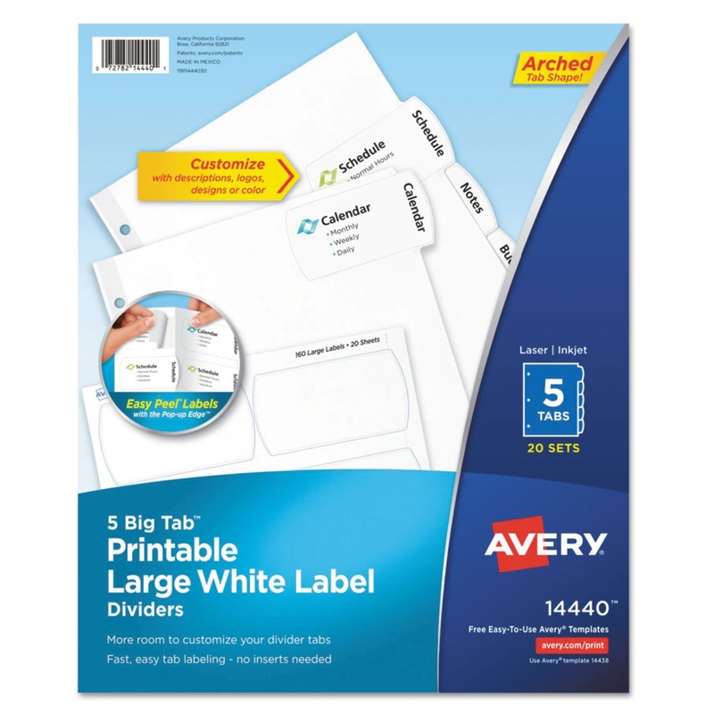 BIG TAB PRINTABLE LARGE WHITE LABEL TAB DIVIDERS, 5-TAB, LETTER, 20 PER PACK